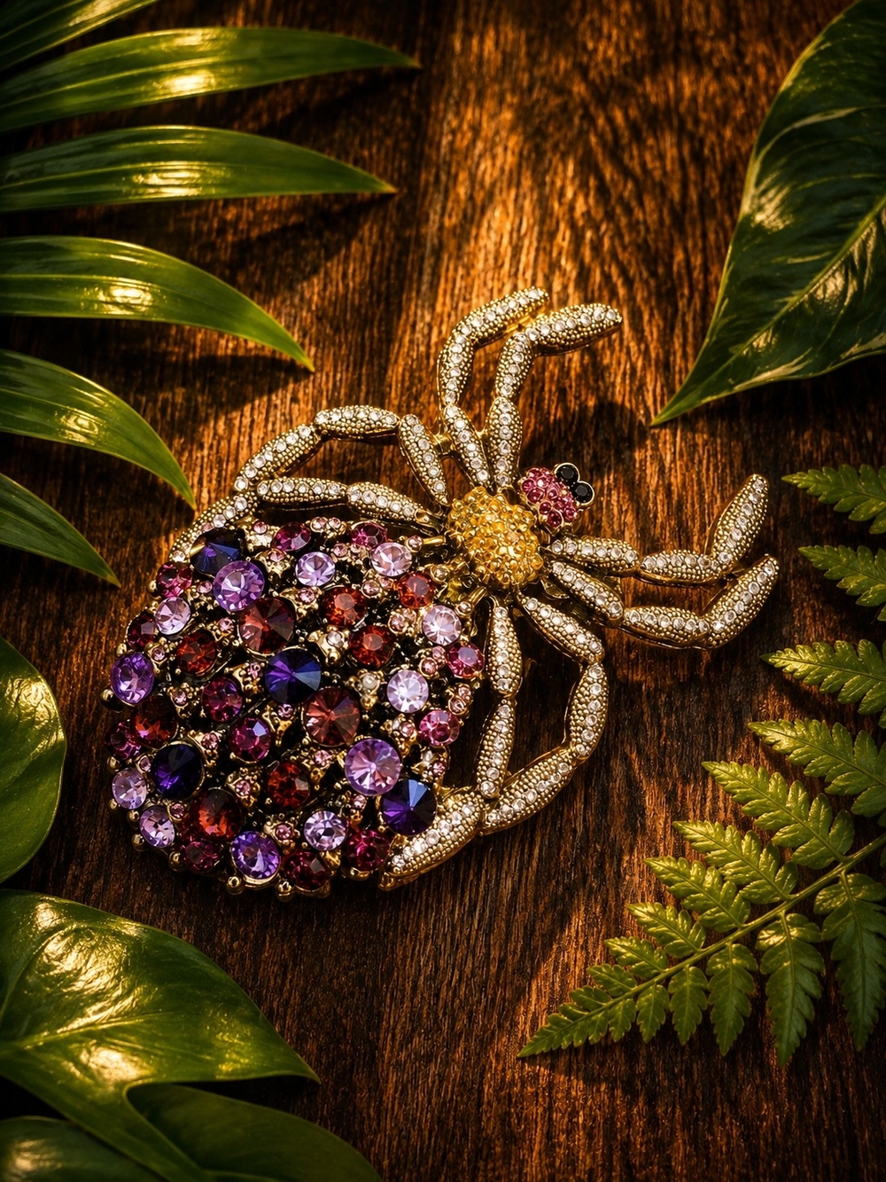 Gold-Tone Spider Brooch with Purple and Pink Crystals